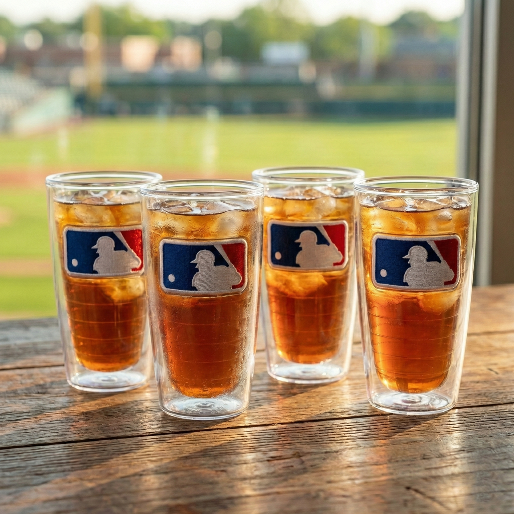 Four Tervis glasses with MLB logo filled with iced tea on a wooden surface with a baseball field background.