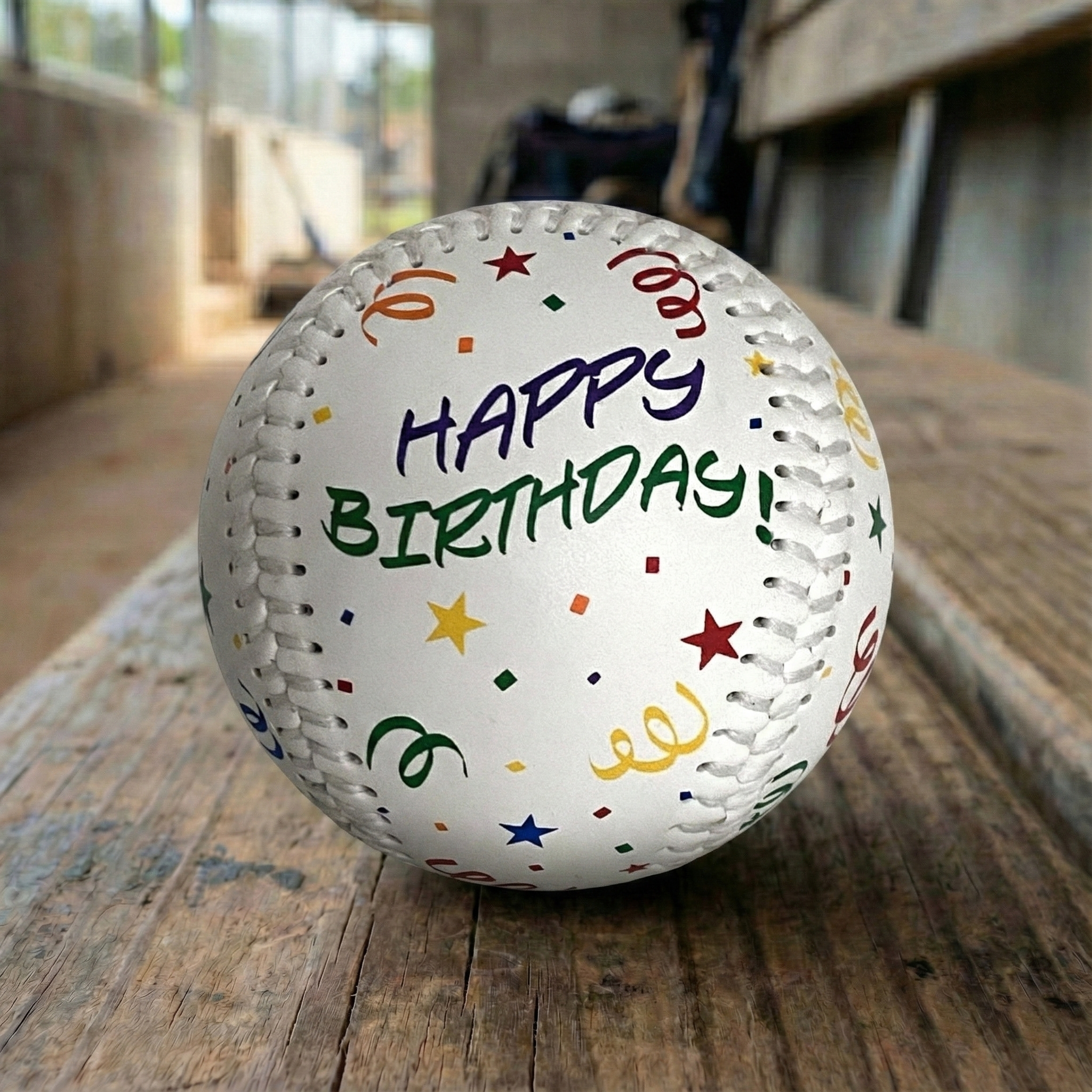 Happy Birthday Confetti Gift Baseball in a wooden baseball field dugout. 