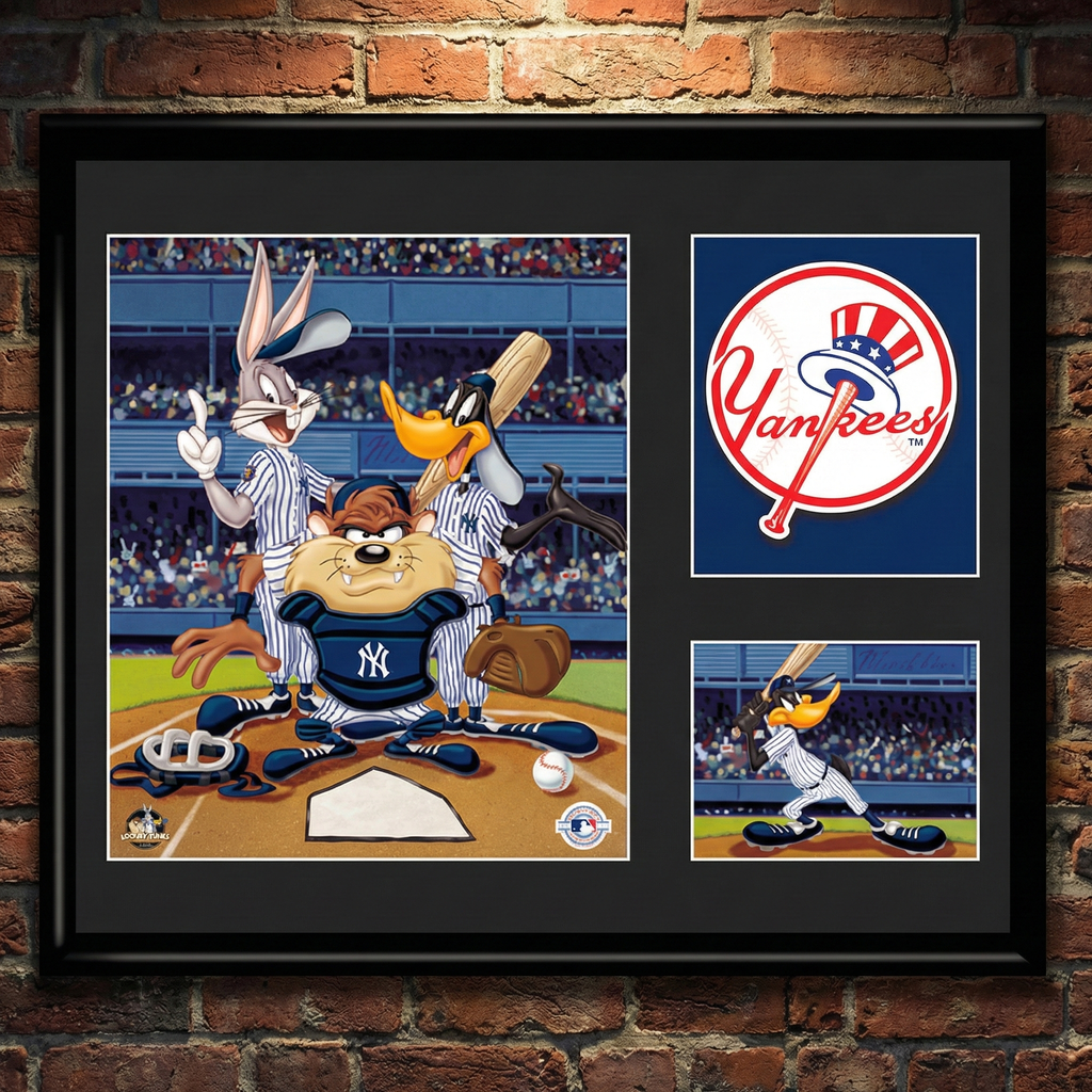 Looney Tunes MLB Baseball Team Framed Lithograph with Yankees logo.