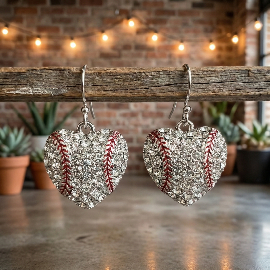 Heart-shaped rhinestone earrings with baseball design hanging on a wooden stick against a brick wall background.