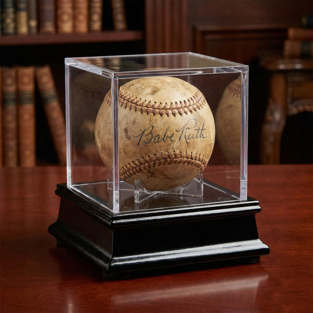 Vintage baseball signed by Babe Ruth in a clear display case with black wood base on a wooden surface with books in the background.