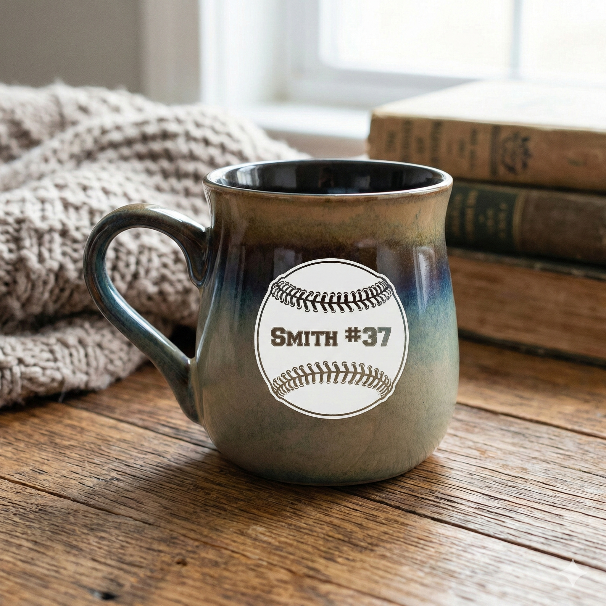 Gray rustic tavern mug with a baseball design and 'Smith #37' text on a wooden surface.
