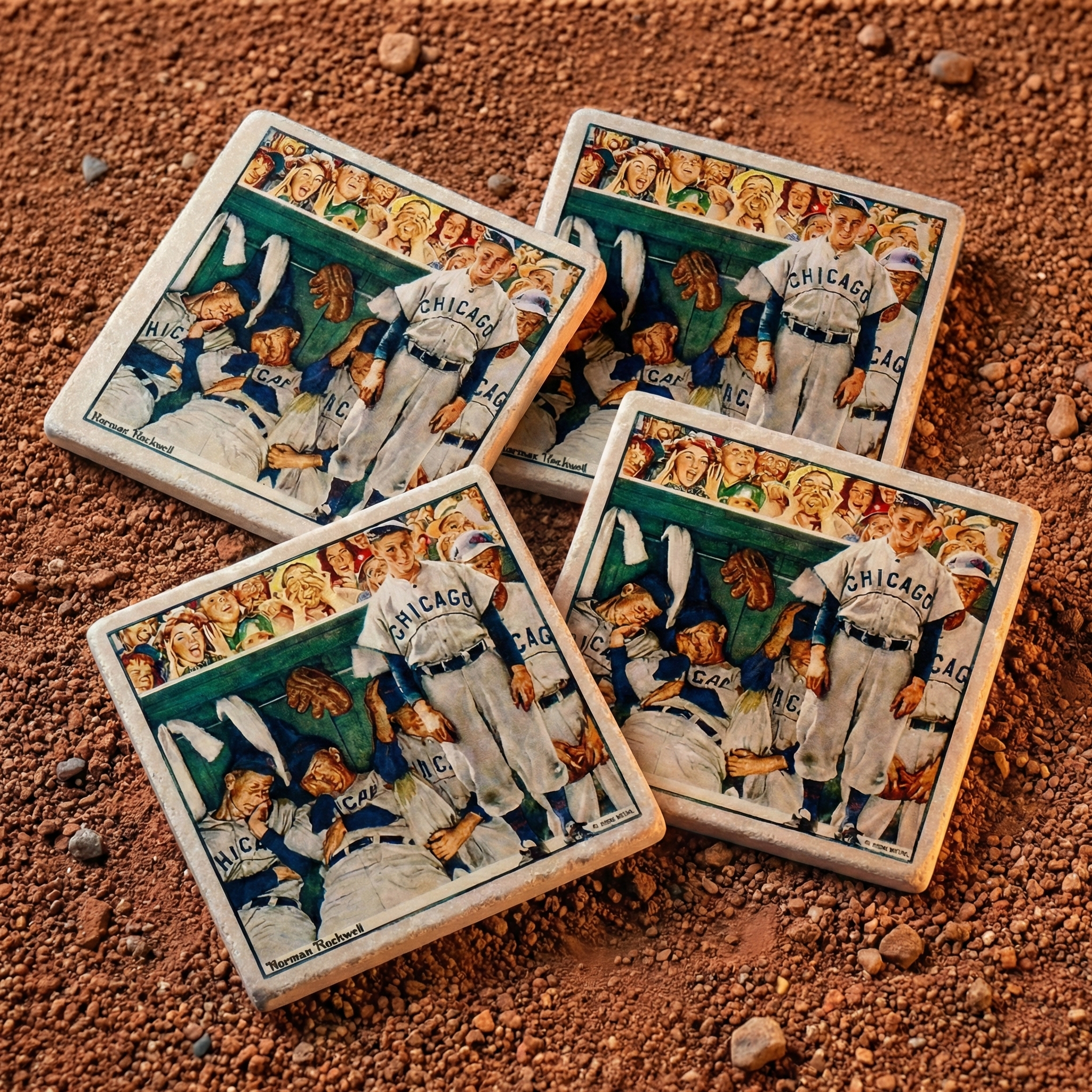 Four vintage baseball Norman Rockwell stone coasters on a dirt surface