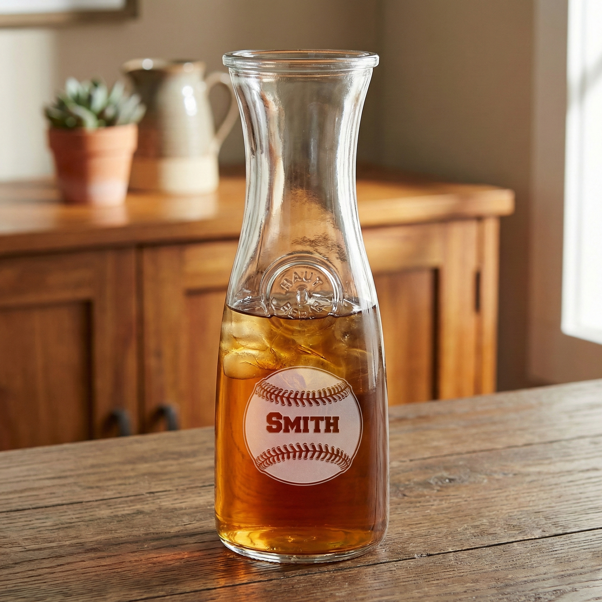Clear glass carafe baseball serving pitcher with a baseball engraved on a wooden table holding iced tea.