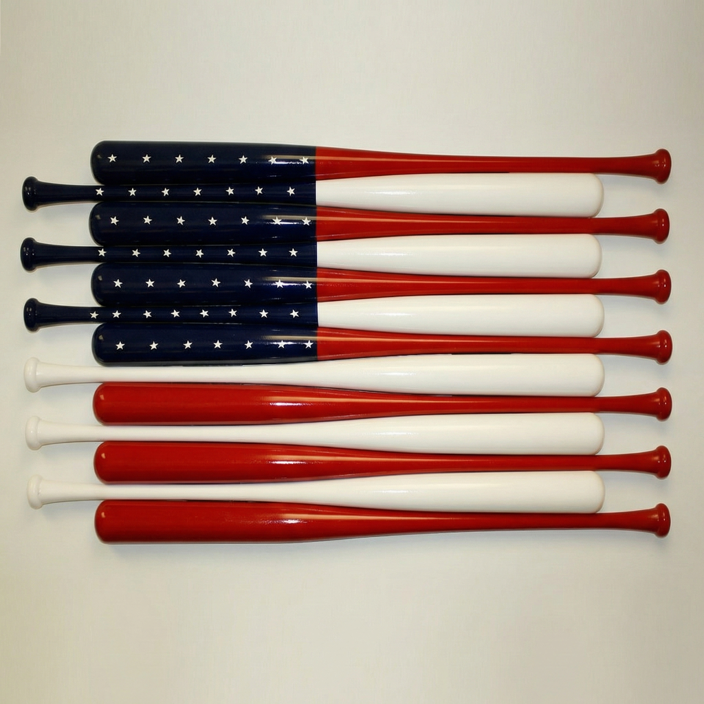 Set of baseball bats with American flag design on a plain background