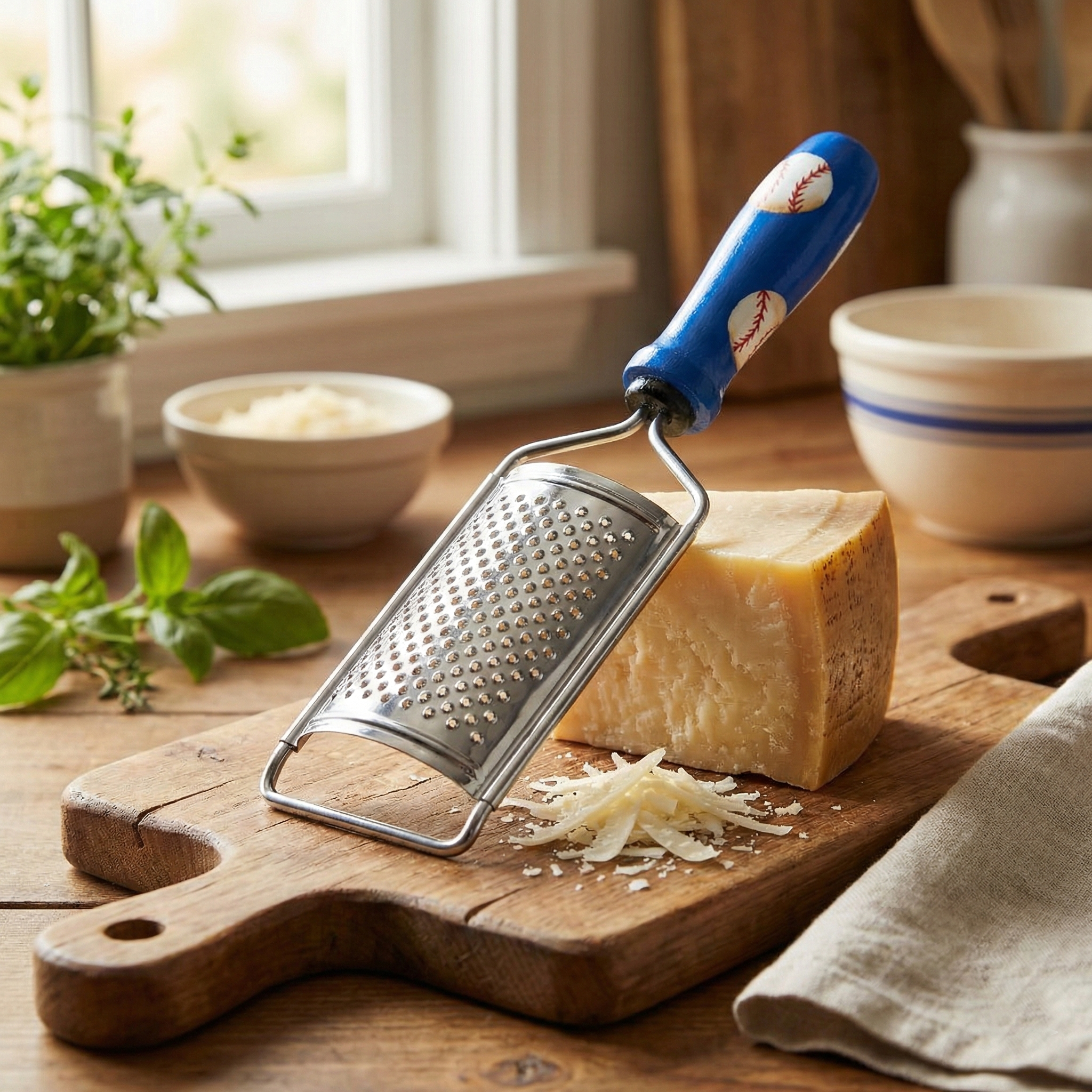 Cheese grater with baseball handle and a block of cheese on a wooden cutting board in a kitchen setting.