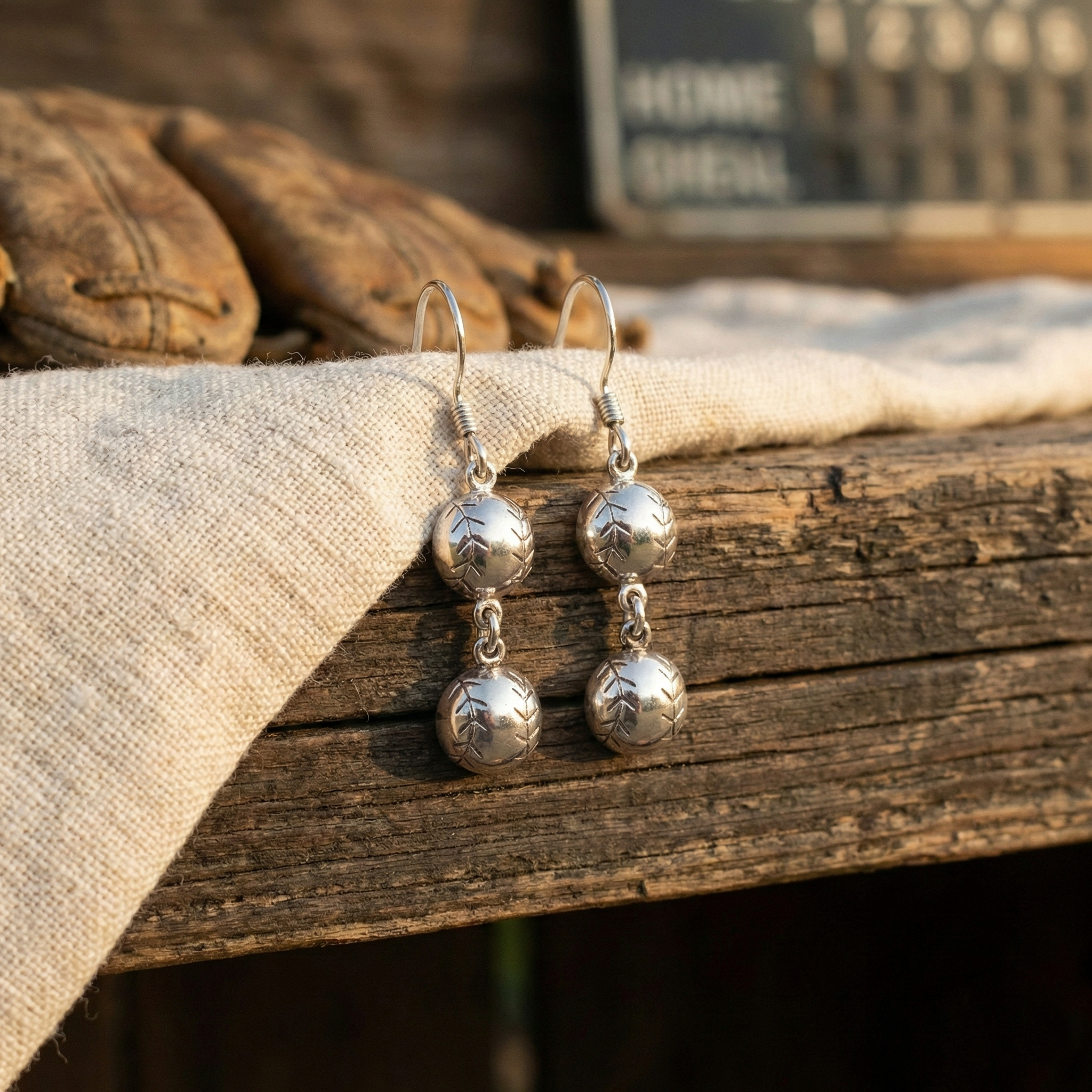 Silver baseball earrings on a wooden surface with a rustic background