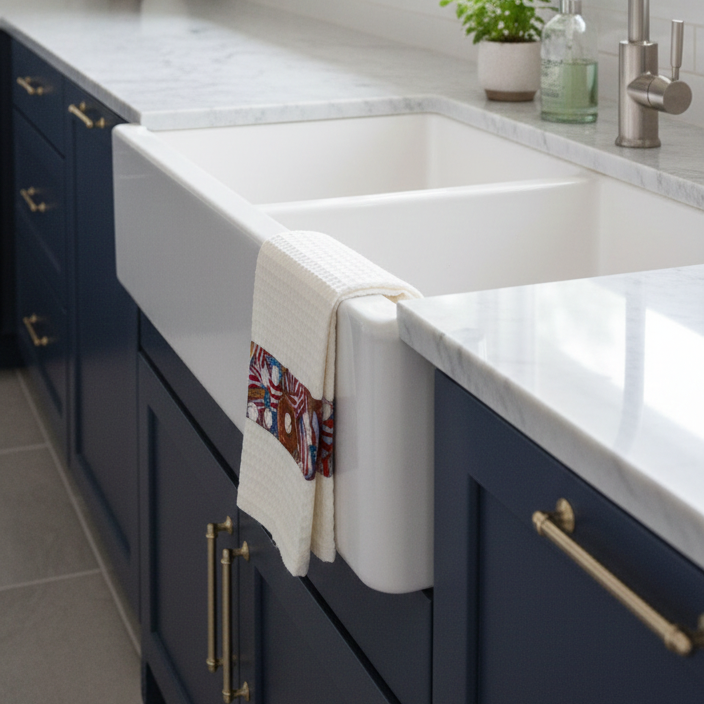 Kitchen sink area with white apron sink, blue cabinets, and a baseball hand towel hanging over the edge.