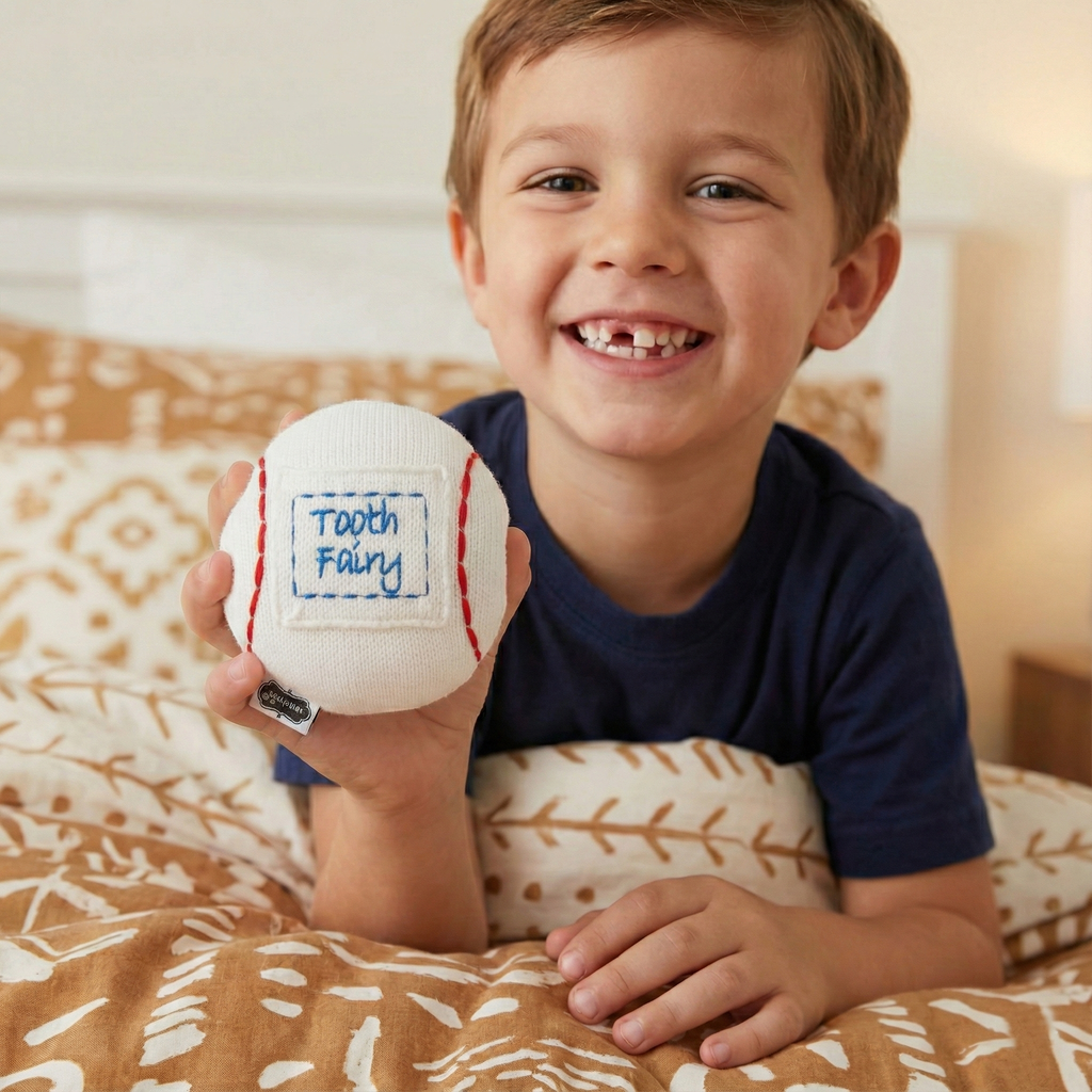 Child holding a tooth fairy baseball pillow, sitting on a bed.