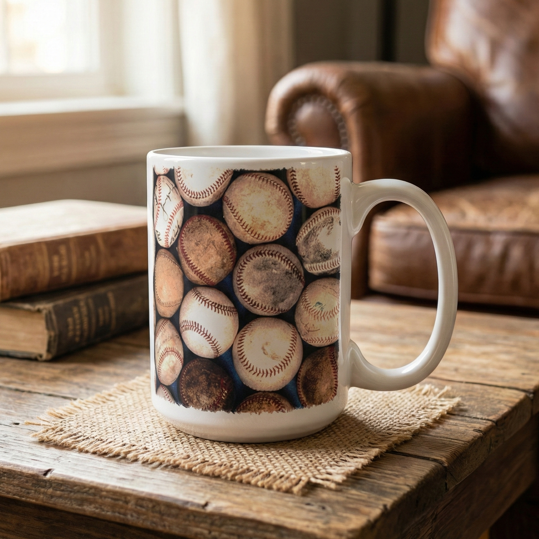 Coffee mug with baseball pattern on a wooden table in a cozy room.