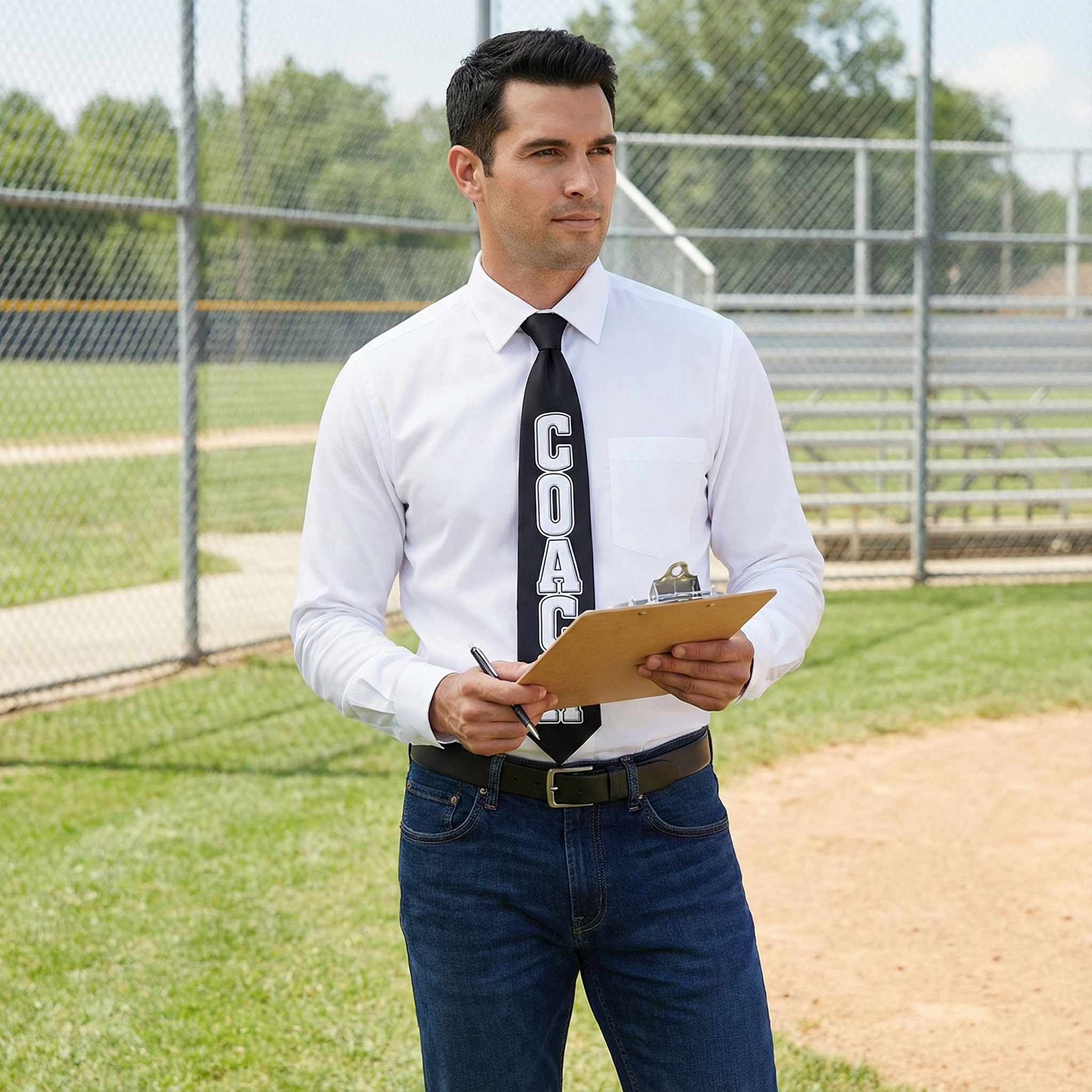 Man in a white shirt, coach tie and blue jeans holding a clipboard on a baseball field.