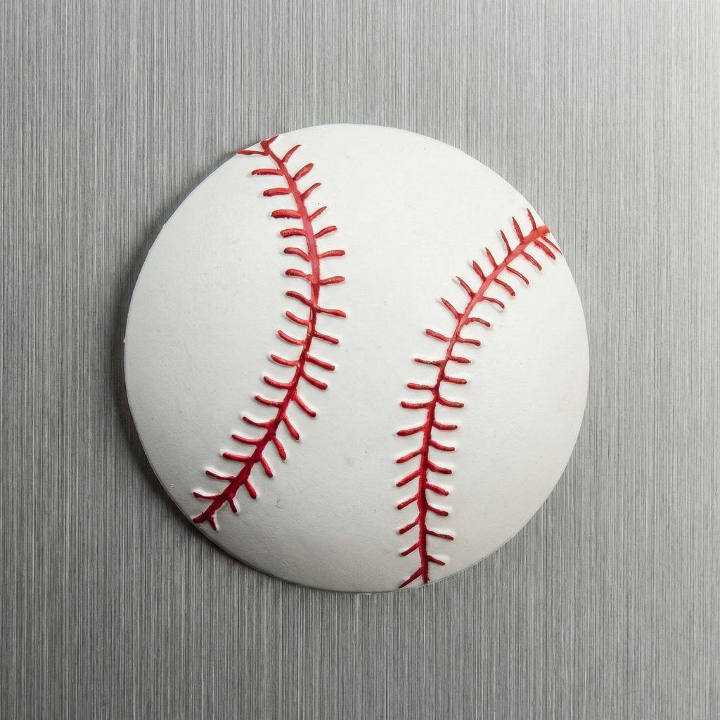 Rubber baseball magnet with red stitching on a textured gray background