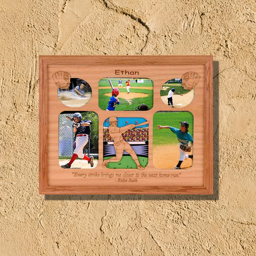 Wooden photo frame with baseball-themed images and text on a beige wall.