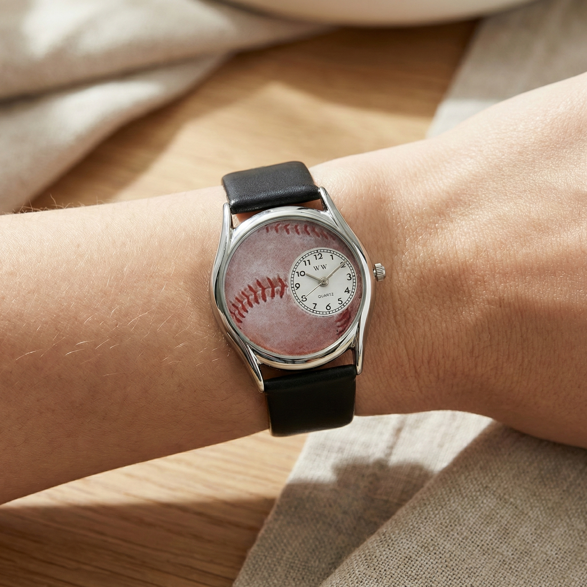 Wrist wearing a watch with a baseball design on the face, on a wooden surface.