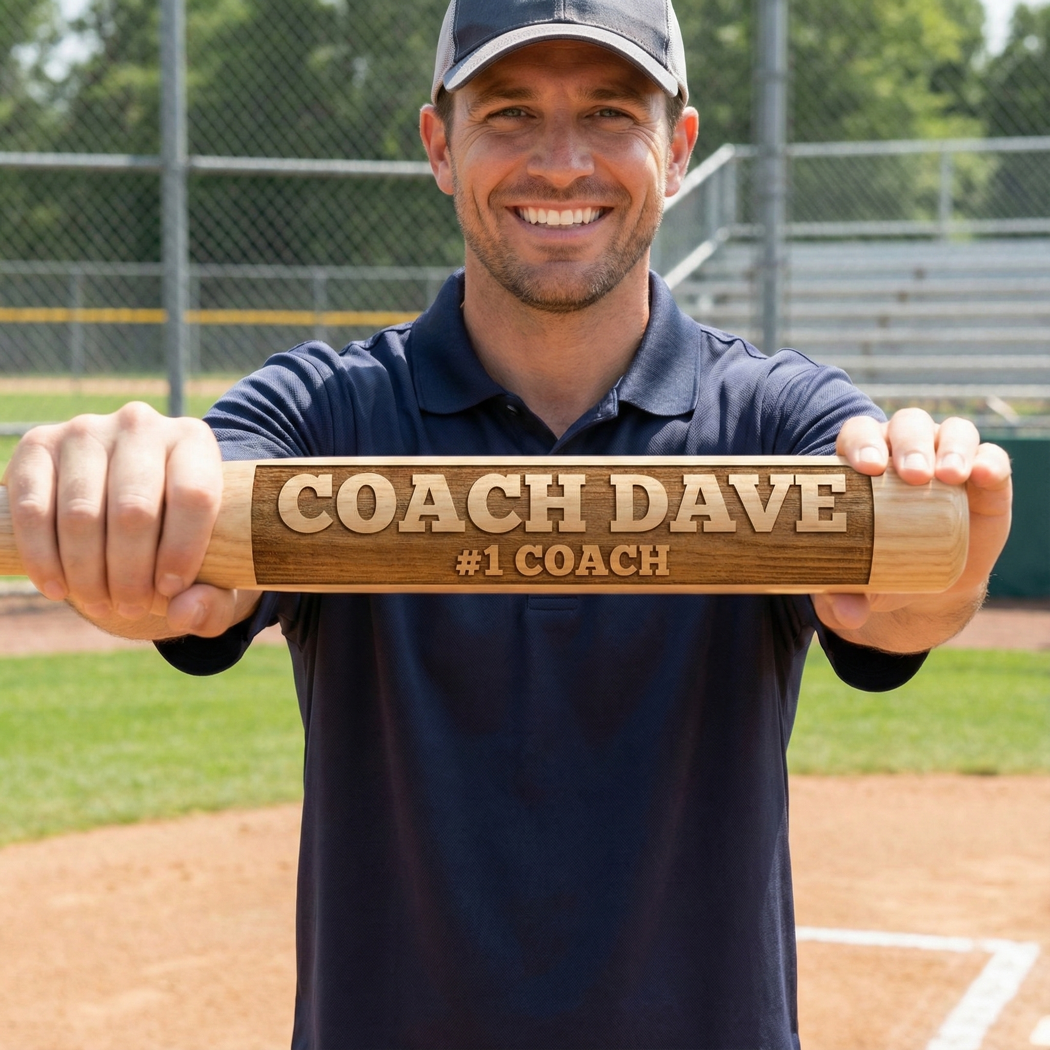 Man holding an engraved wooden bat with 'Coach Dave #1 Coach' on a baseball field