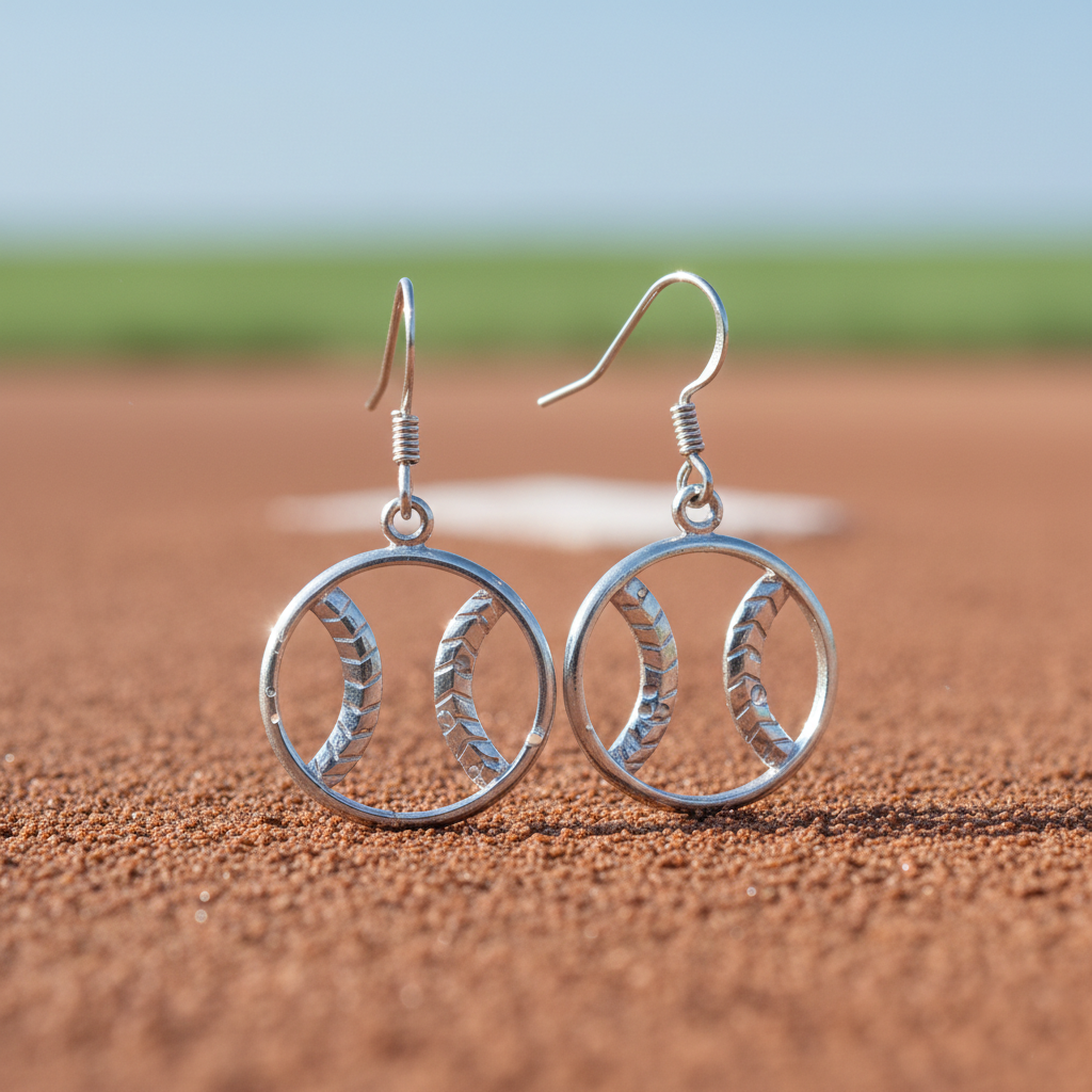 Silver earrings shaped like baseballs on a baseball field