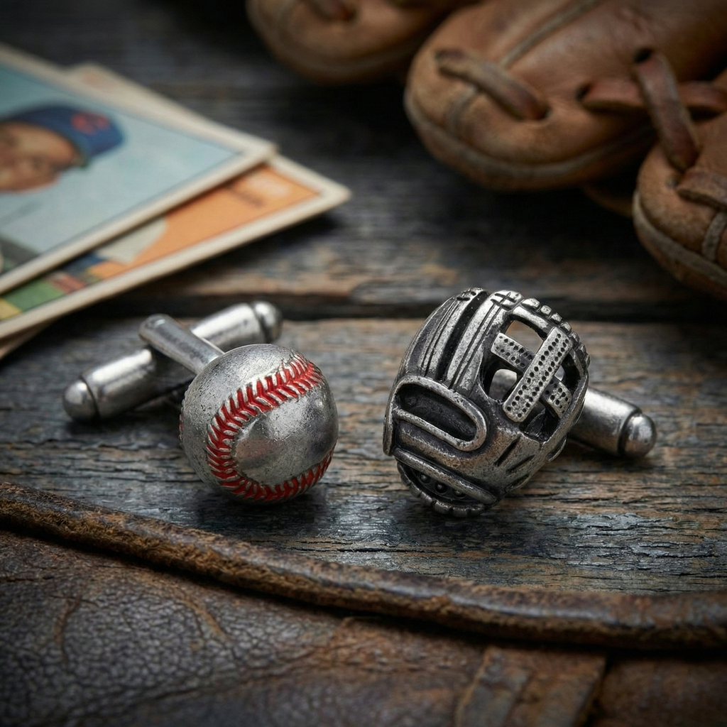 Baseball & Fielder's Glove 3D Antique Silver Cufflinks on a wooden table by a mitt and baseball cards.