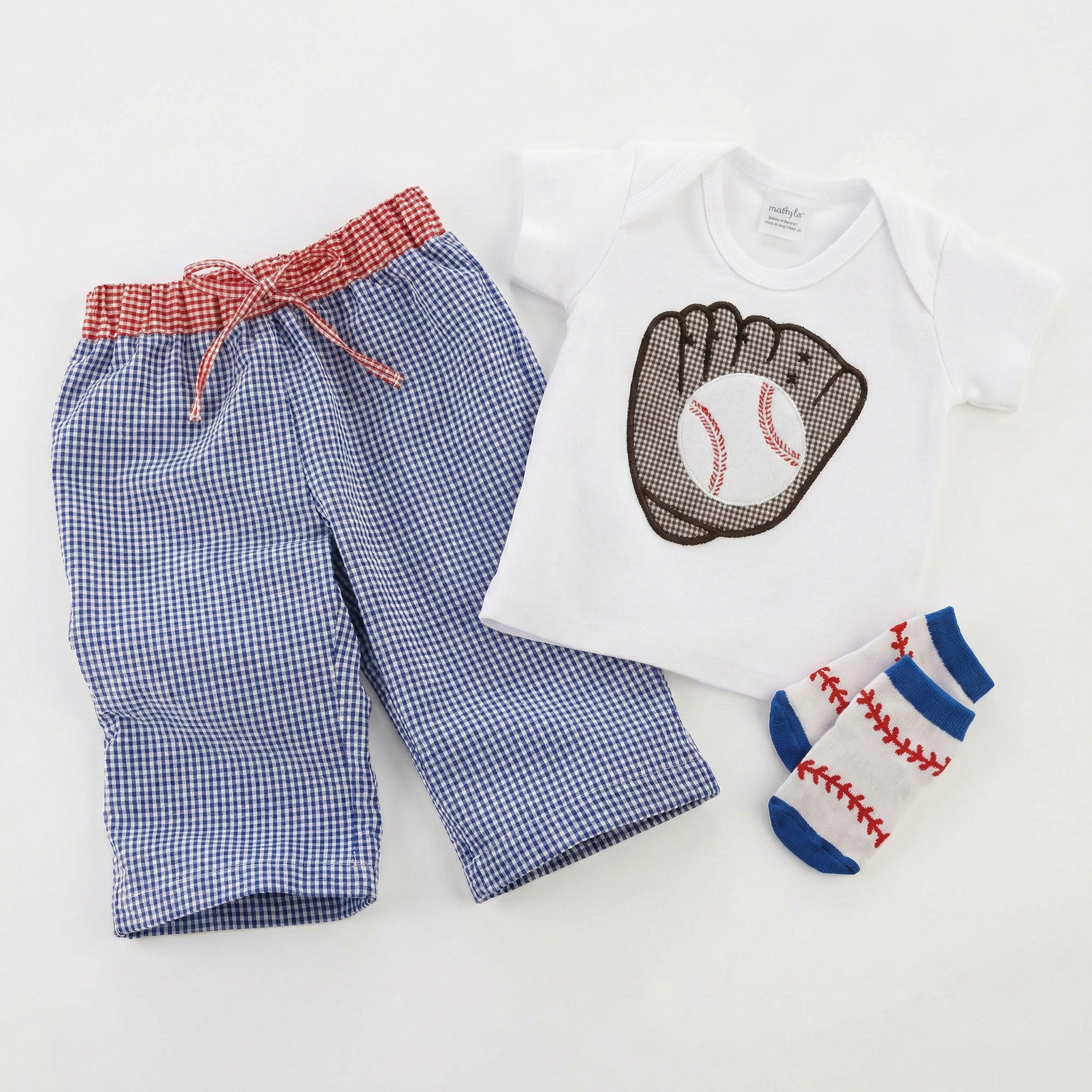 Mud Pie Baseball 3-Piece Baby Outfit on white background