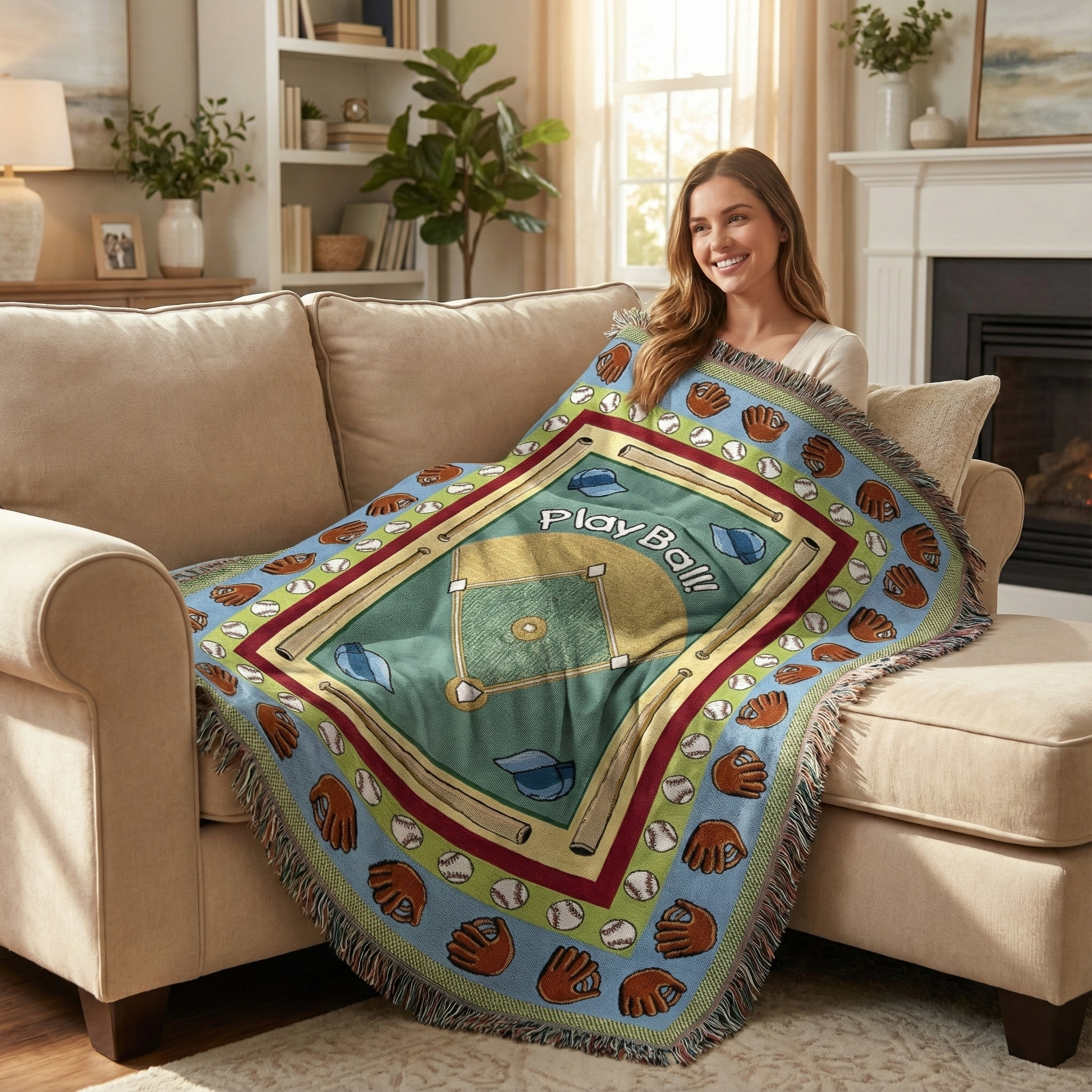 Woman sitting on a couch with a baseball-themed tapestry throw blanket