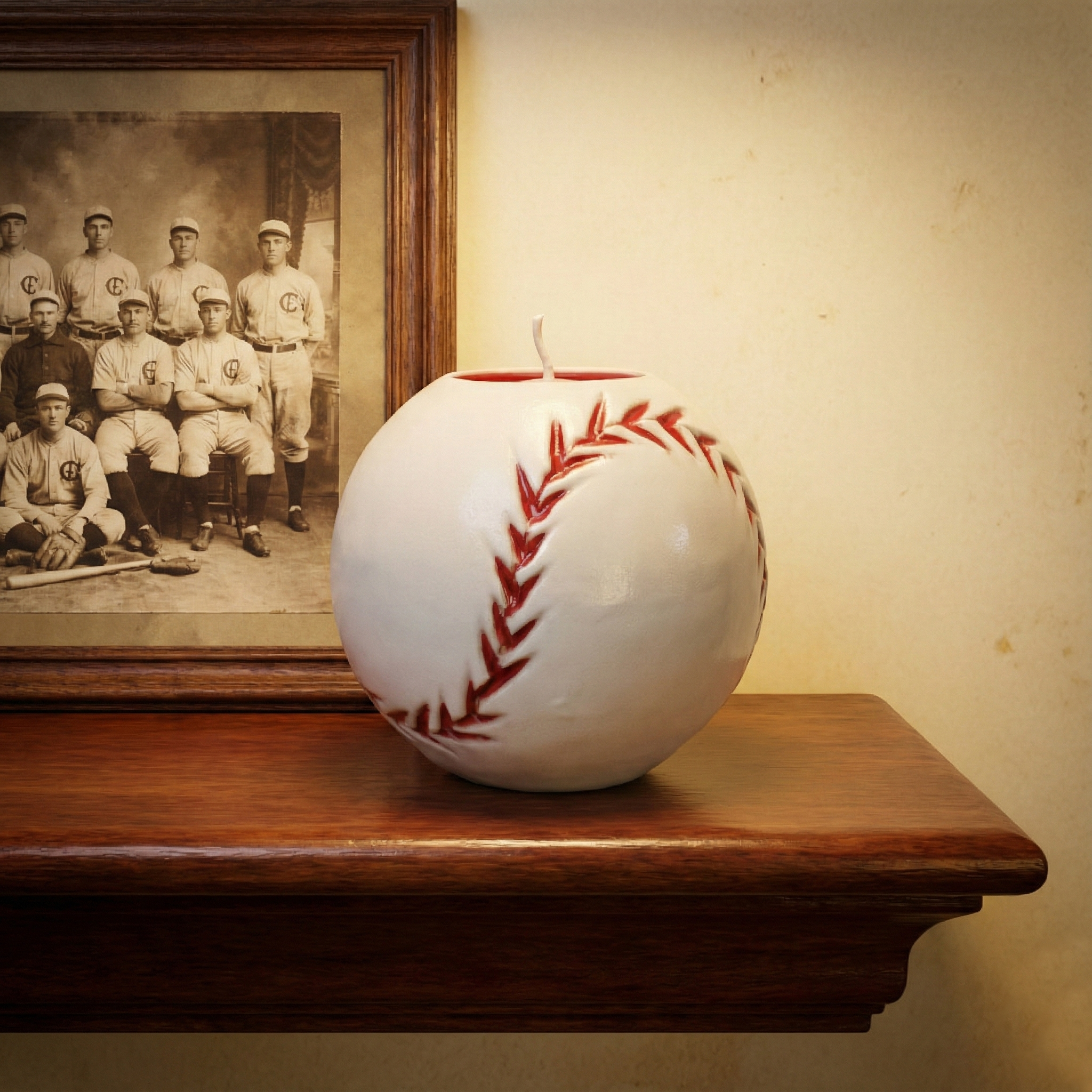 Baseball-shaped candle on a wooden shelf with a vintage baseball team photo in the background.