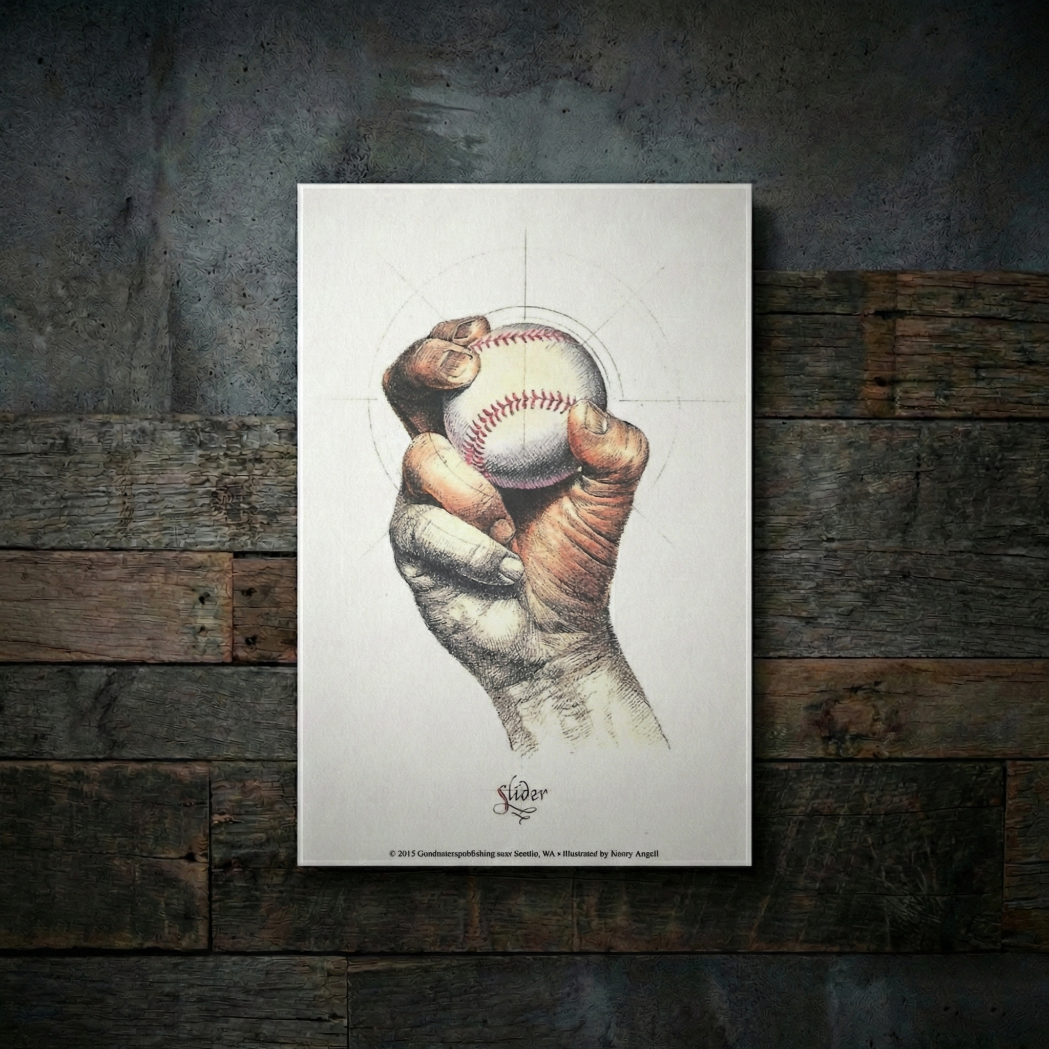 Slider baseball art against a rustic wooden background
