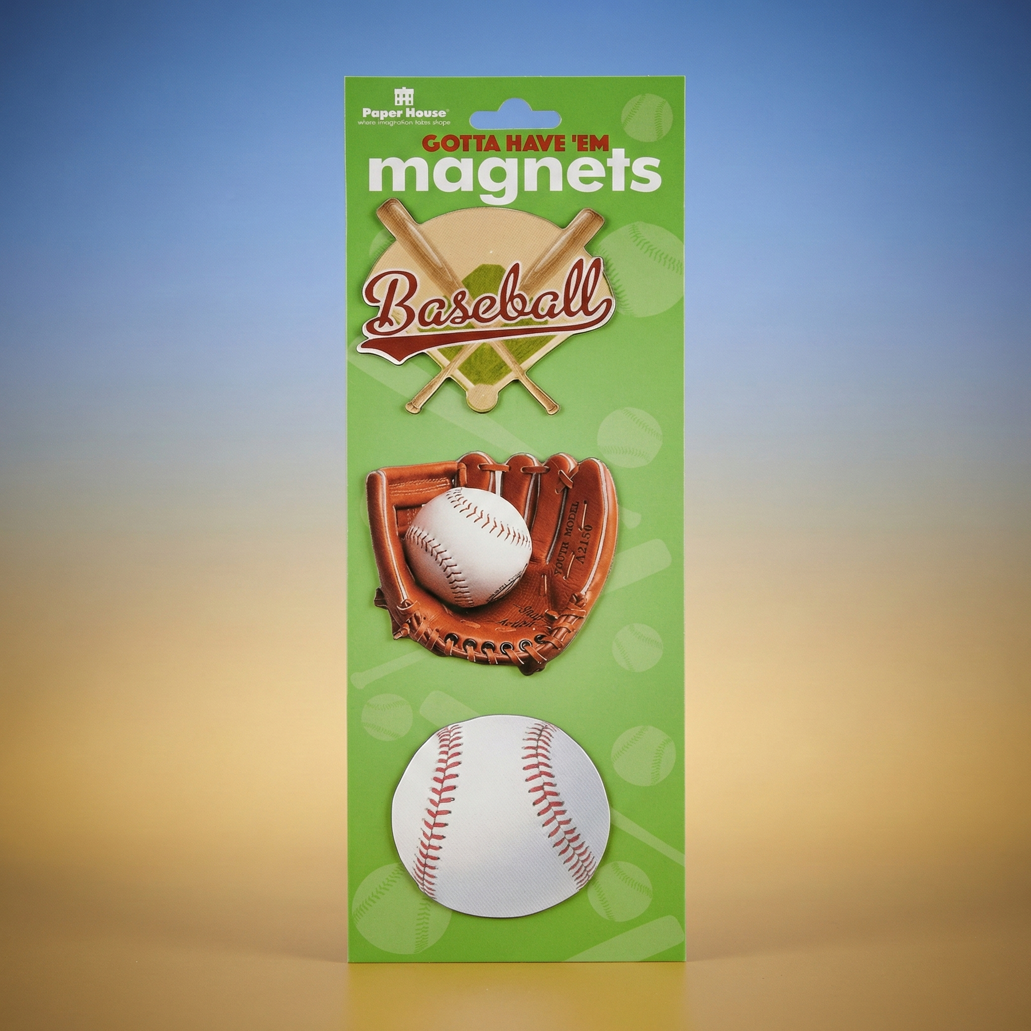 Packaging of baseball-themed magnets with a green background