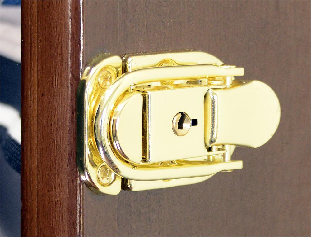Gold door latch on a wooden door with a gray background