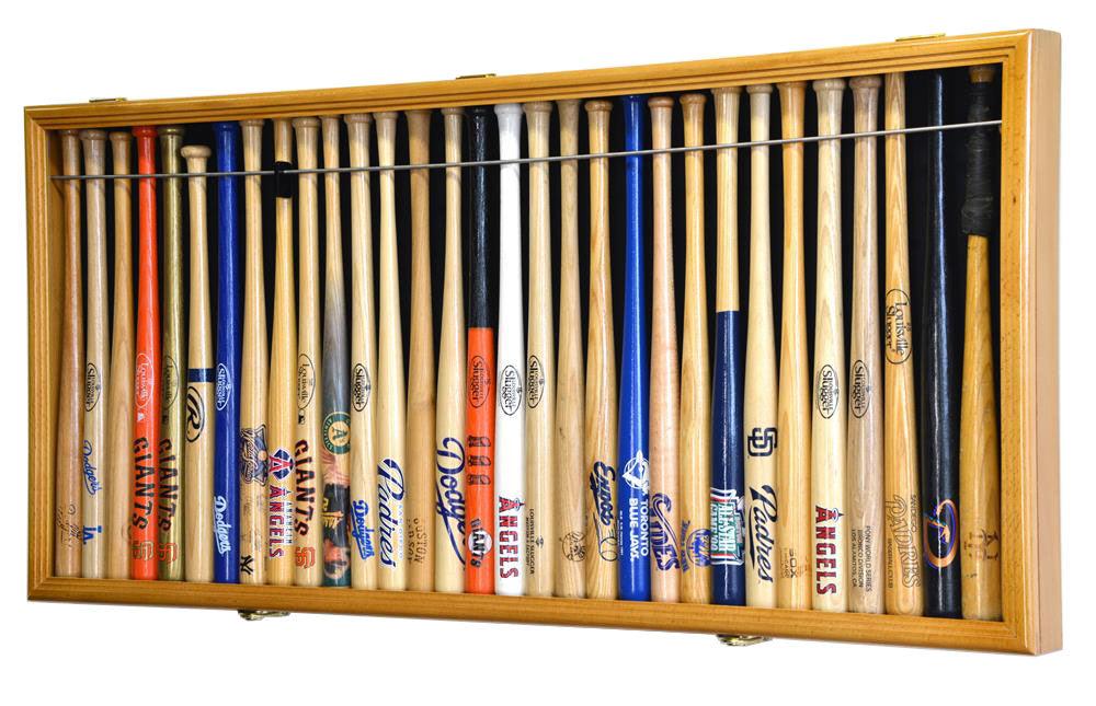 Wooden mini bat display case with various baseball bats from different teams