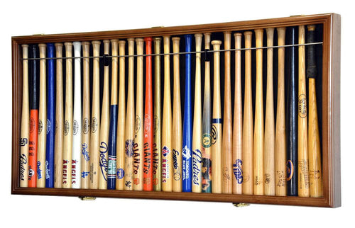 Collection of mini baseball bats in a wooden display case with various brands and colors.