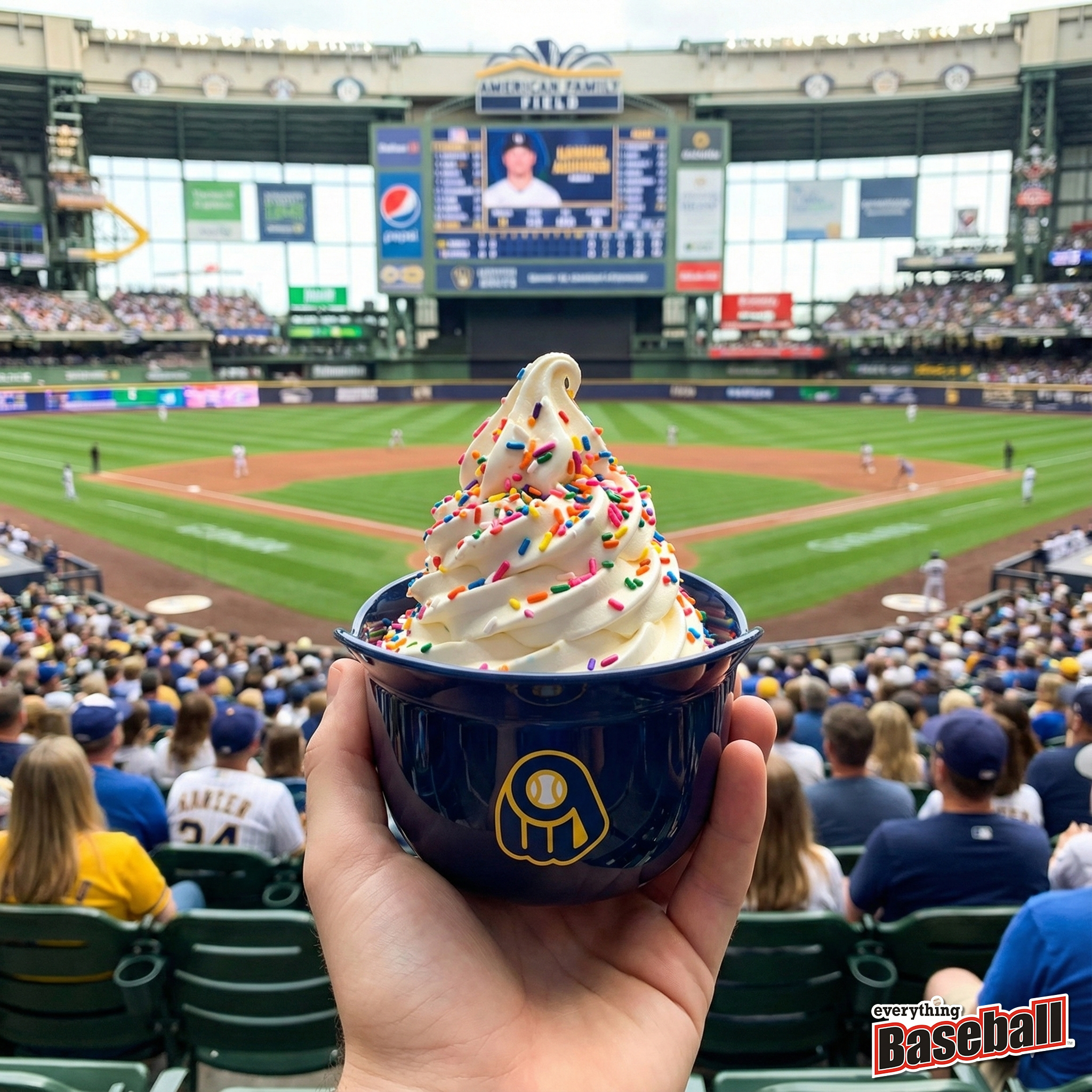 Hand holding a Milwaukee Brewers helmet cup with ice cream at a baseball game