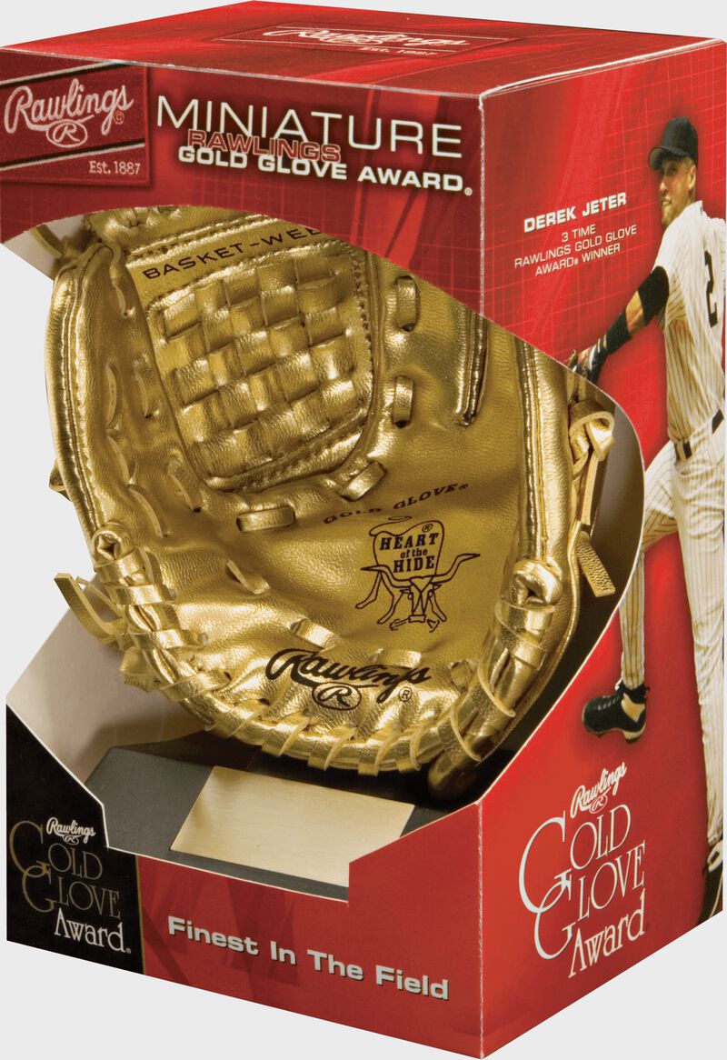 Gold Rawlings miniature baseball glove in a red box with a player image