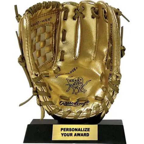 Mini gold baseball glove on a black base with 'Rawlings' branding