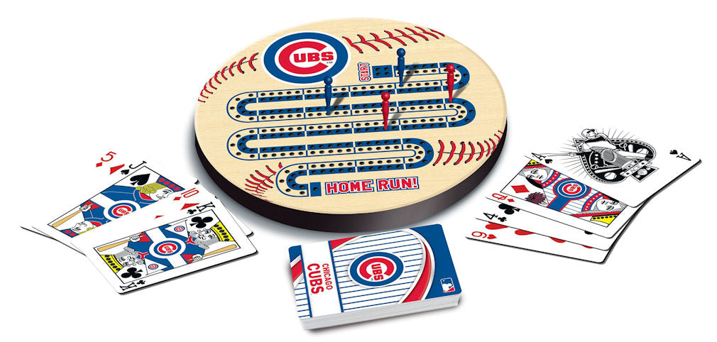 Baseball-themed cribbage card game set with cards and a wooden base featuring Cubs logo.