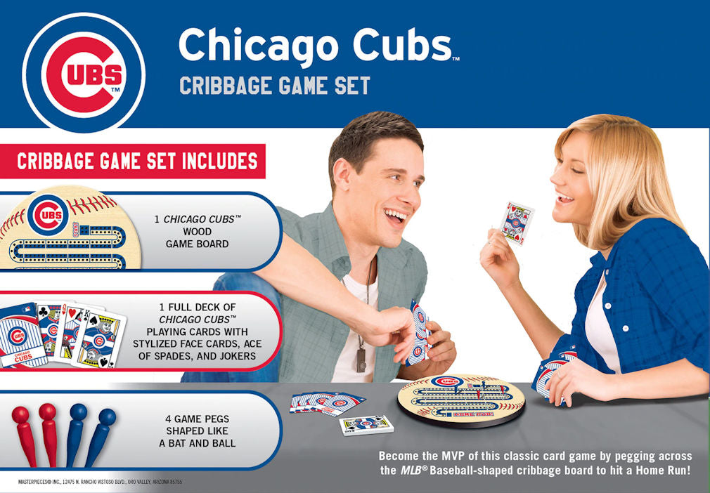 Chicago Cubs cribbage game set packaging with two people playing cribbage.