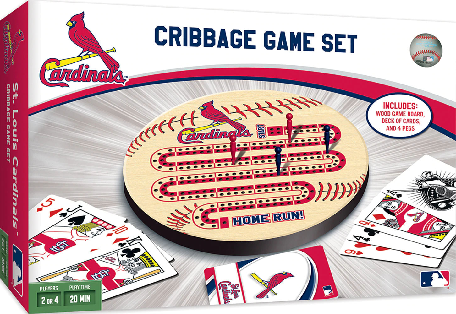 St. Louis Cardinals cribbage game set with packaging, board, cards, and pieces.