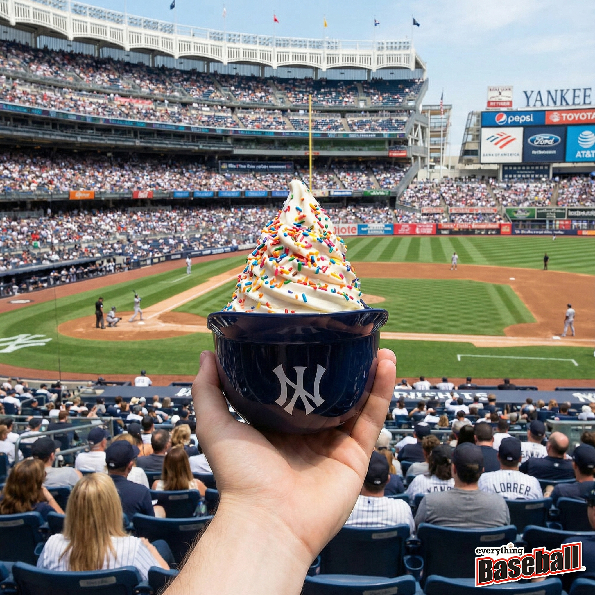 Person holding a ice cream cone with a New York Yankees helmet cup at a baseball game