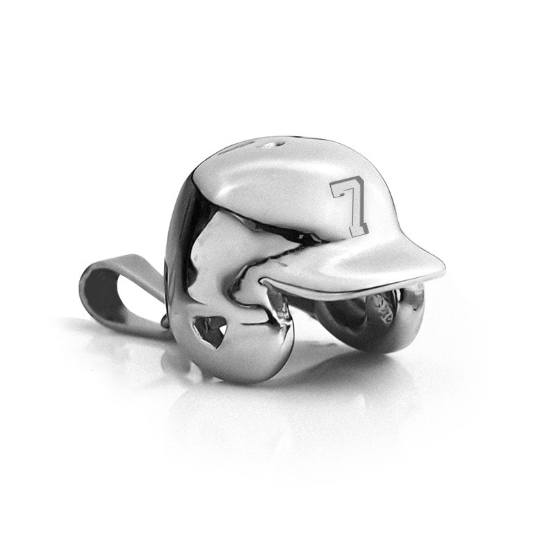 Silver baseball helmet charm with number 7 on a white background