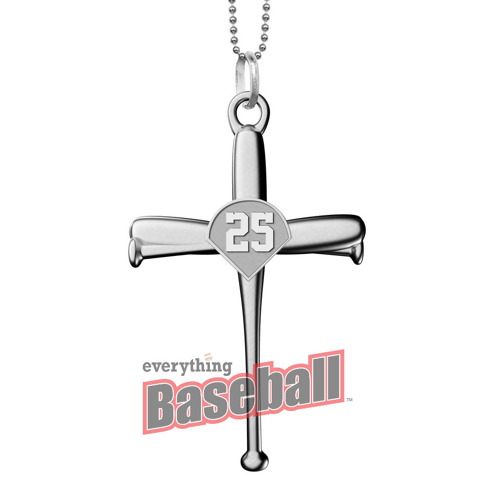 Silver cross-shaped pendant with number 25 on a white background, featuring 'everythingBaseball' logo.