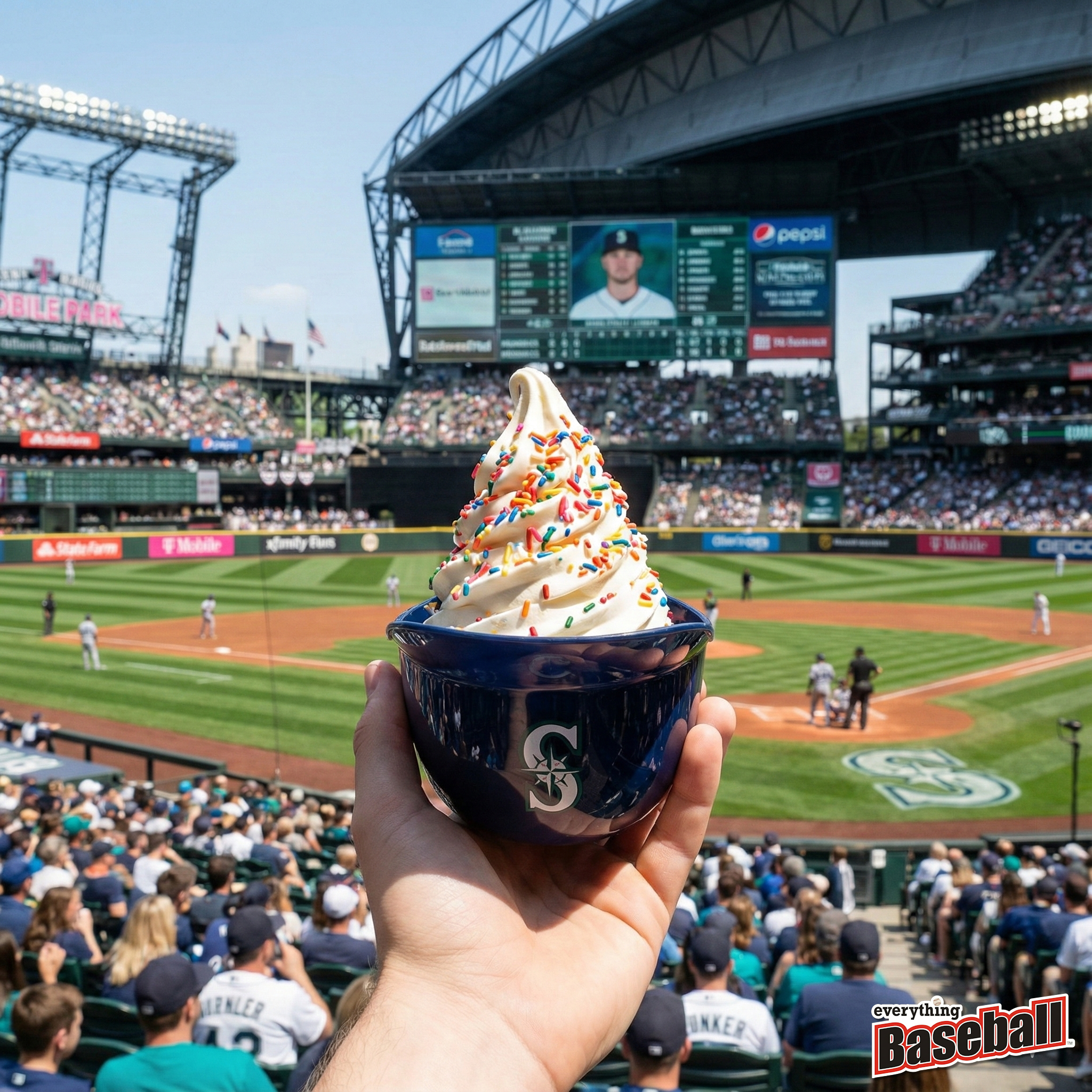 Hand holding a Seattle Mariners helmet cup of ice cream with a baseball stadium in the background