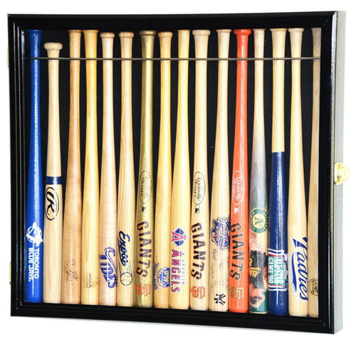 Collection of mini baseball bats in a display case with various team logos.