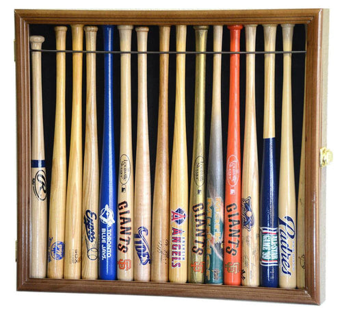 Collection of miniature baseball bats in a wooden display case with various team logos.
