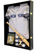 Baseball jersey, bat, and memorabilia in a shadowbox display case with a black frame.