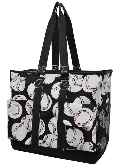 Black tote bag with baseball pattern on a white background