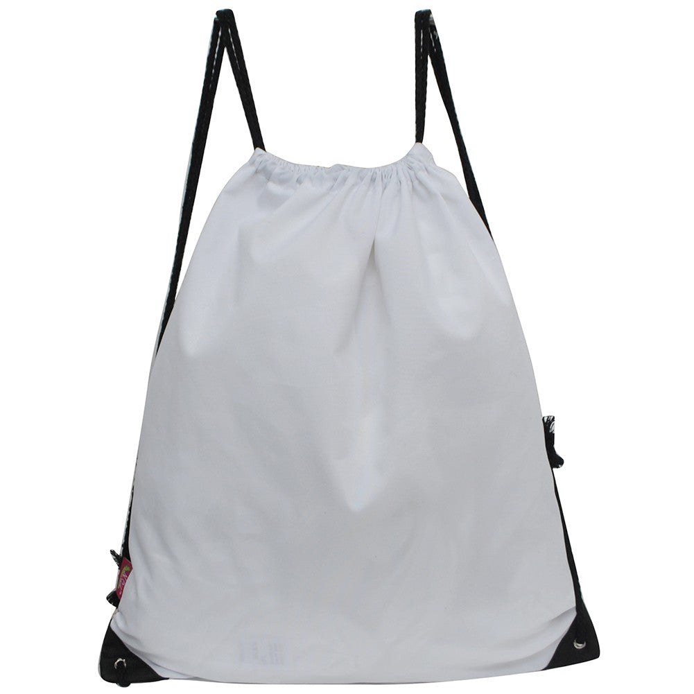 White baseball drawstring bag with black straps on a white background