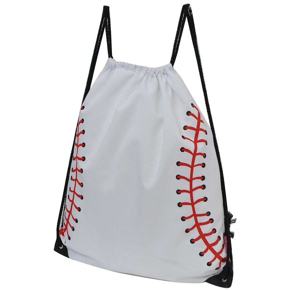 White drawstring bag with red and black stitching design on a white background