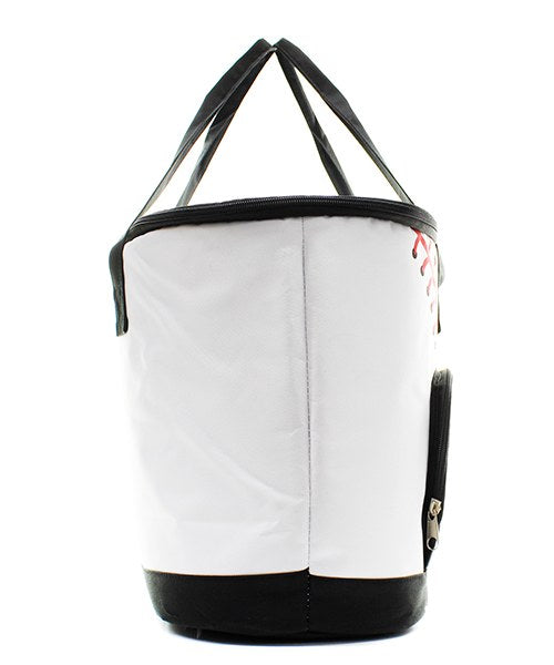 White baseball cooler bag with black accents on a white background
