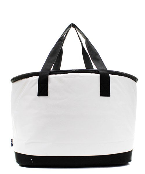 White baseball cooler tote bag with black handles and trim on a white background