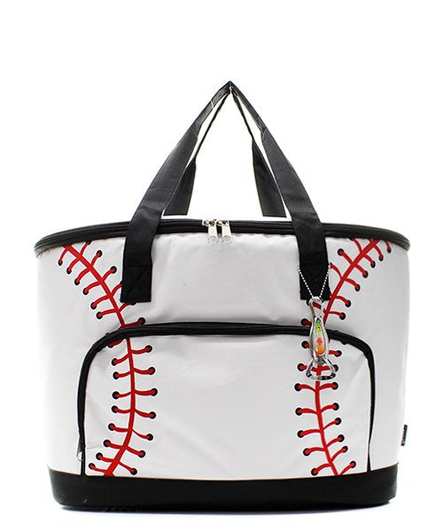 Baseball-themed tote bag cooler with red stitching on a white background