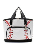 Baseball-themed tote bag cooler with red stitching on a white background