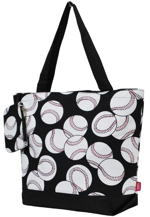 Tote bag with baseball pattern on a black background
